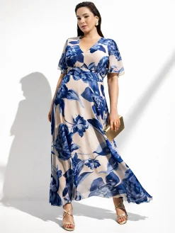 ABITO LUNGO CURVY BLU BRILLANTE CON STAMPA FLOREALE