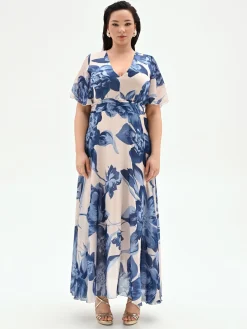 ABITO LUNGO CURVY BLU BRILLANTE CON STAMPA FLOREALE