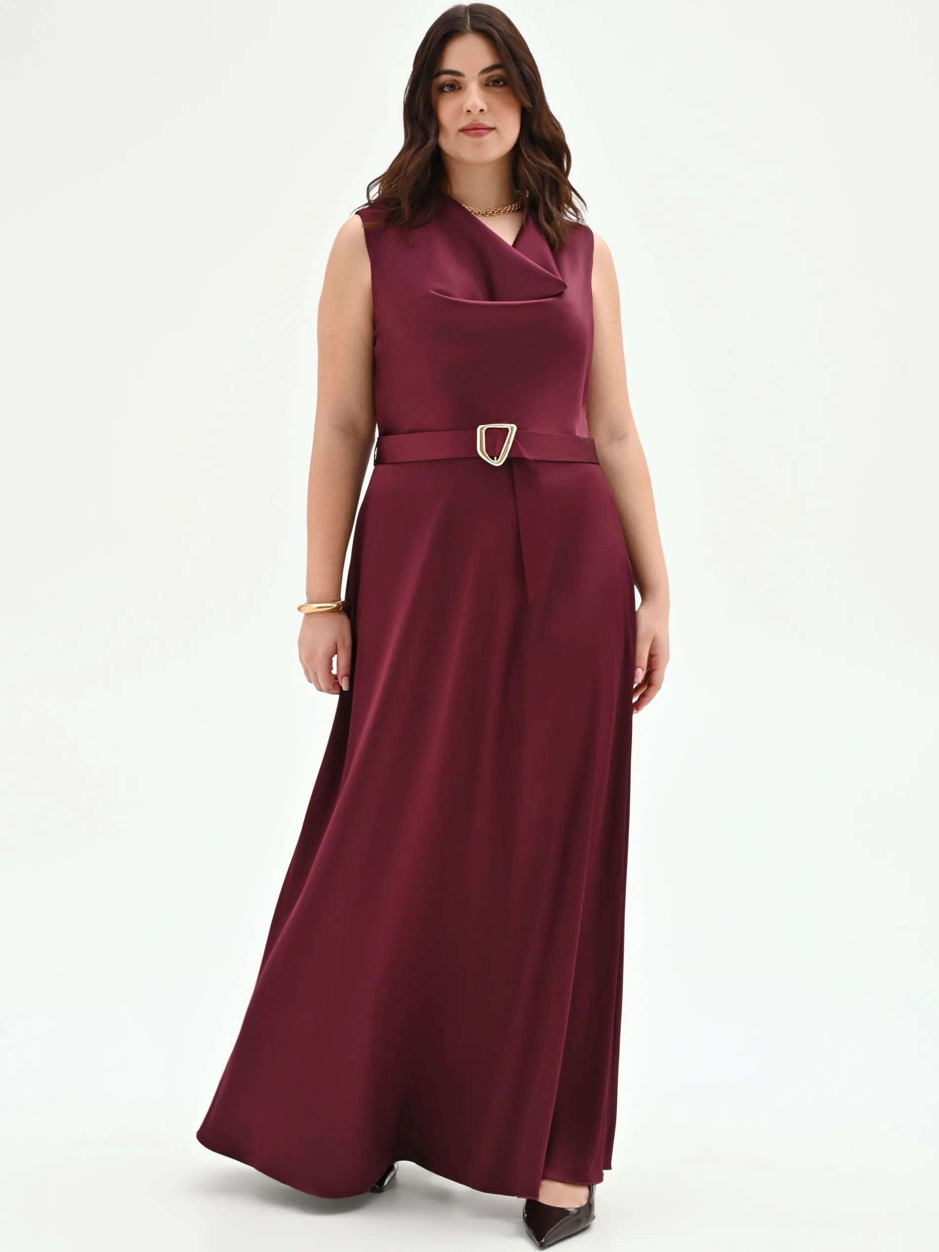 ABITO LUNGO CURVY BORDEAUX CON SCOLLO ASIMMETRICO