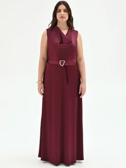 ABITO LUNGO CURVY BORDEAUX CON SCOLLO ASIMMETRICO