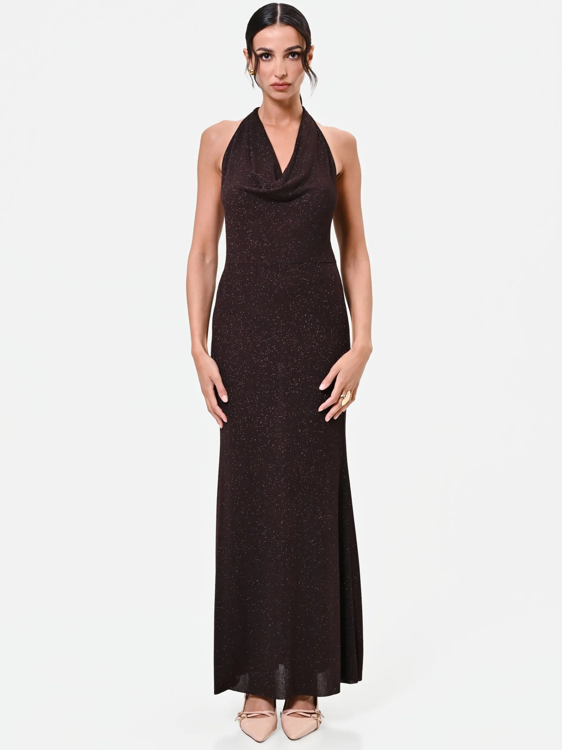 ABITO LUNGO MORO MARRONE CON SCOLLO DRAPPEGGIATO