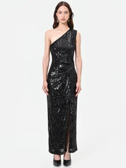 ABITO LUNGO NERO MONOSPALLA CON PAILLETTES
