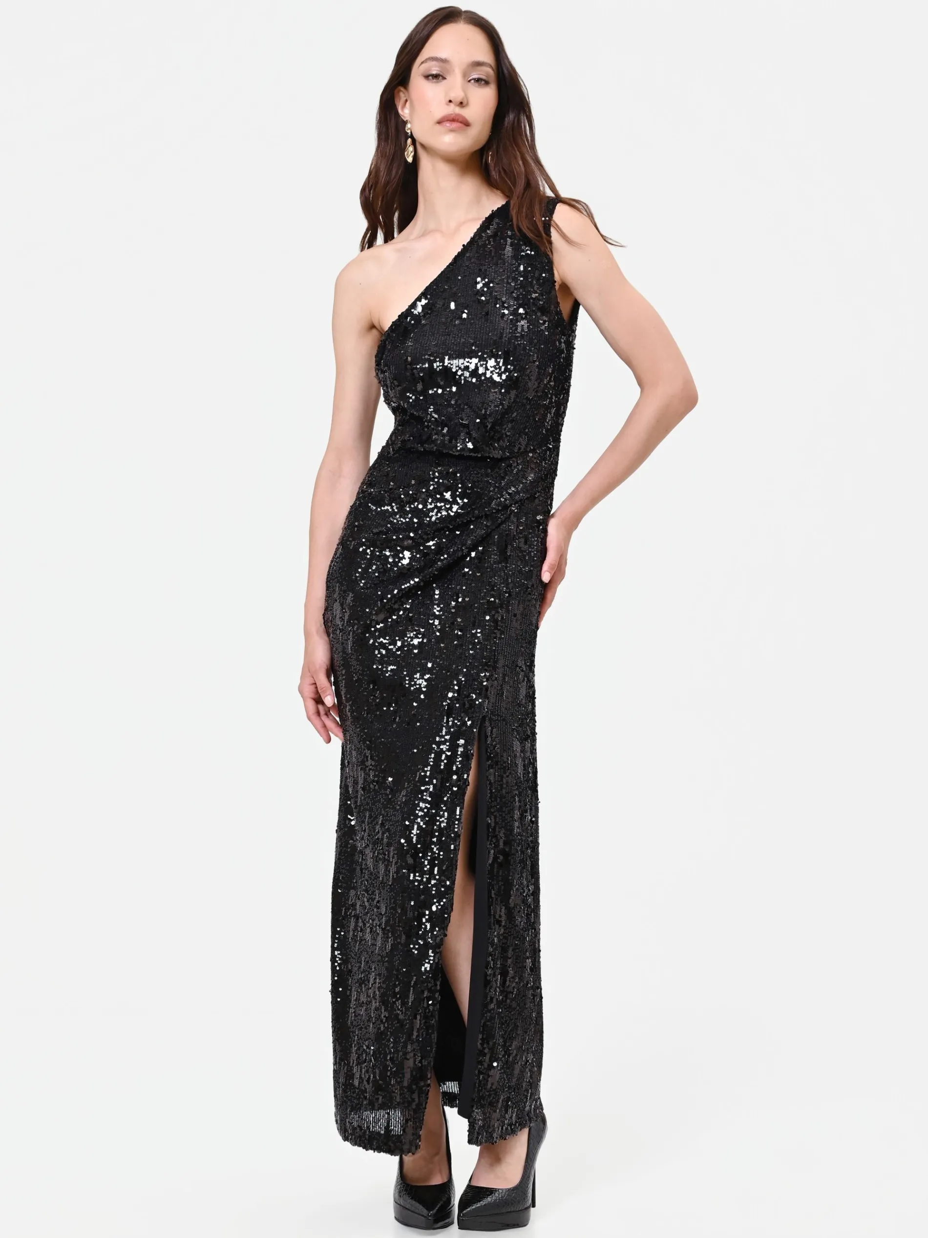 ABITO LUNGO NERO MONOSPALLA CON PAILLETTES