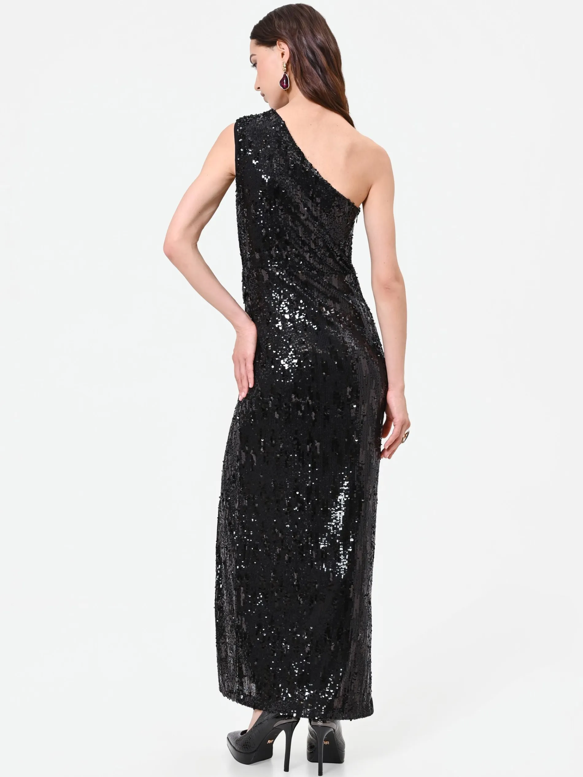 ABITO LUNGO NERO MONOSPALLA CON PAILLETTES