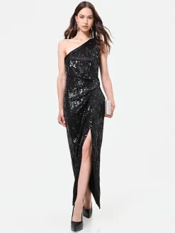 ABITO LUNGO NERO MONOSPALLA CON PAILLETTES