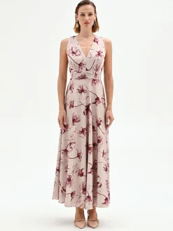 ABITO LUNGO ROSSO BORDEAUX STAMPA FLOREALE