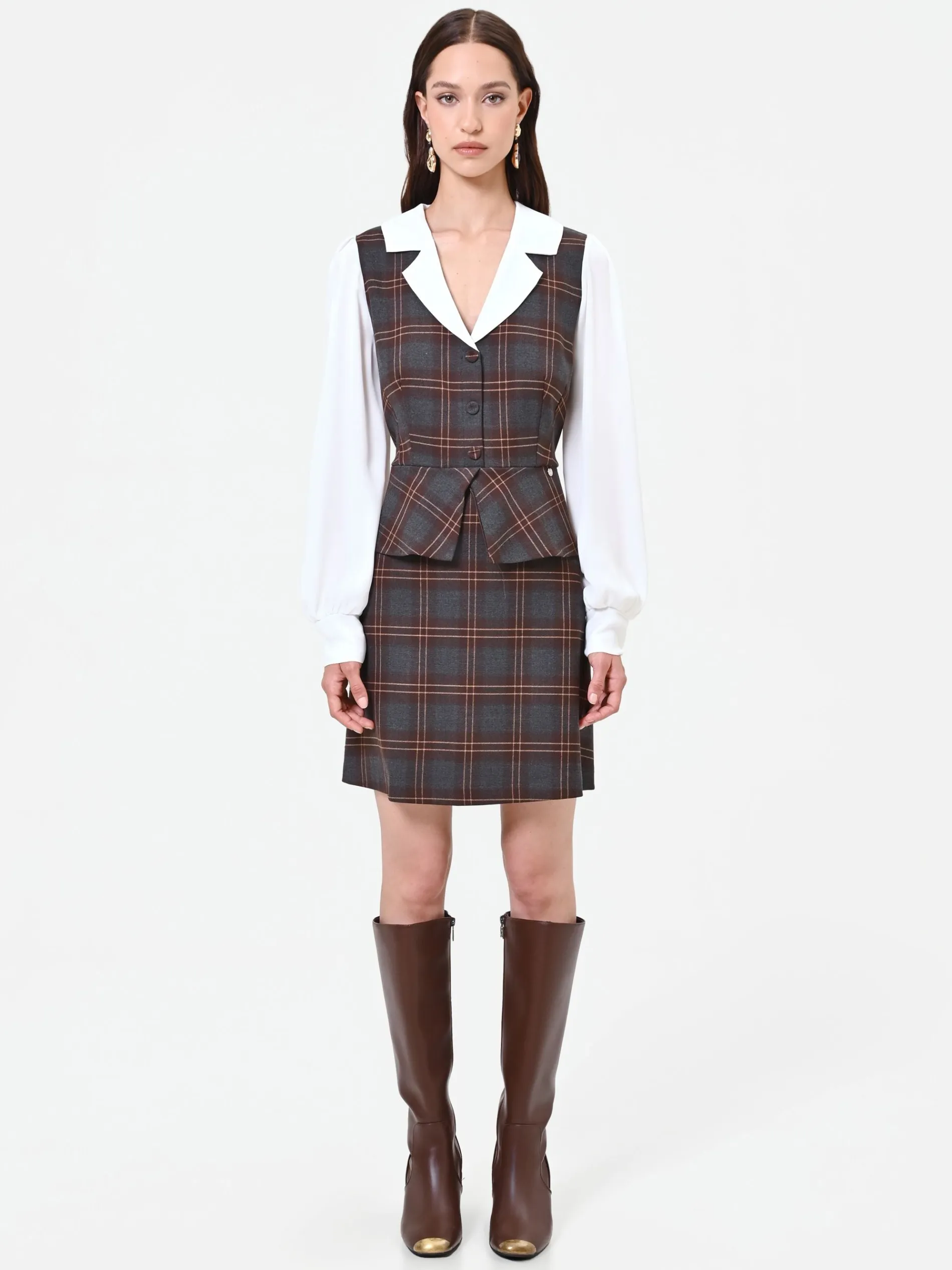 ABITO MARRONE CON STAMPA CHECK EFFETTO CAMICIA