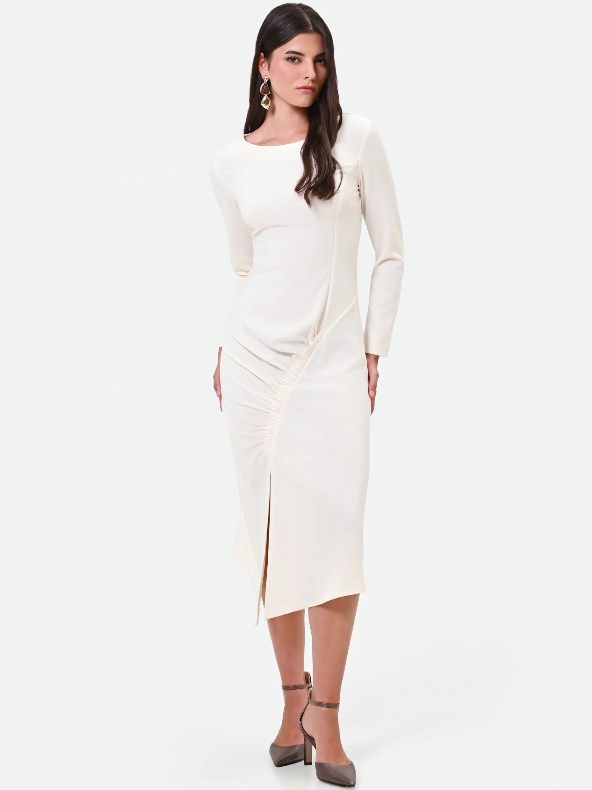 ABITO MIDI BIANCO CON DRAPPEGGIO ASIMMETRICO