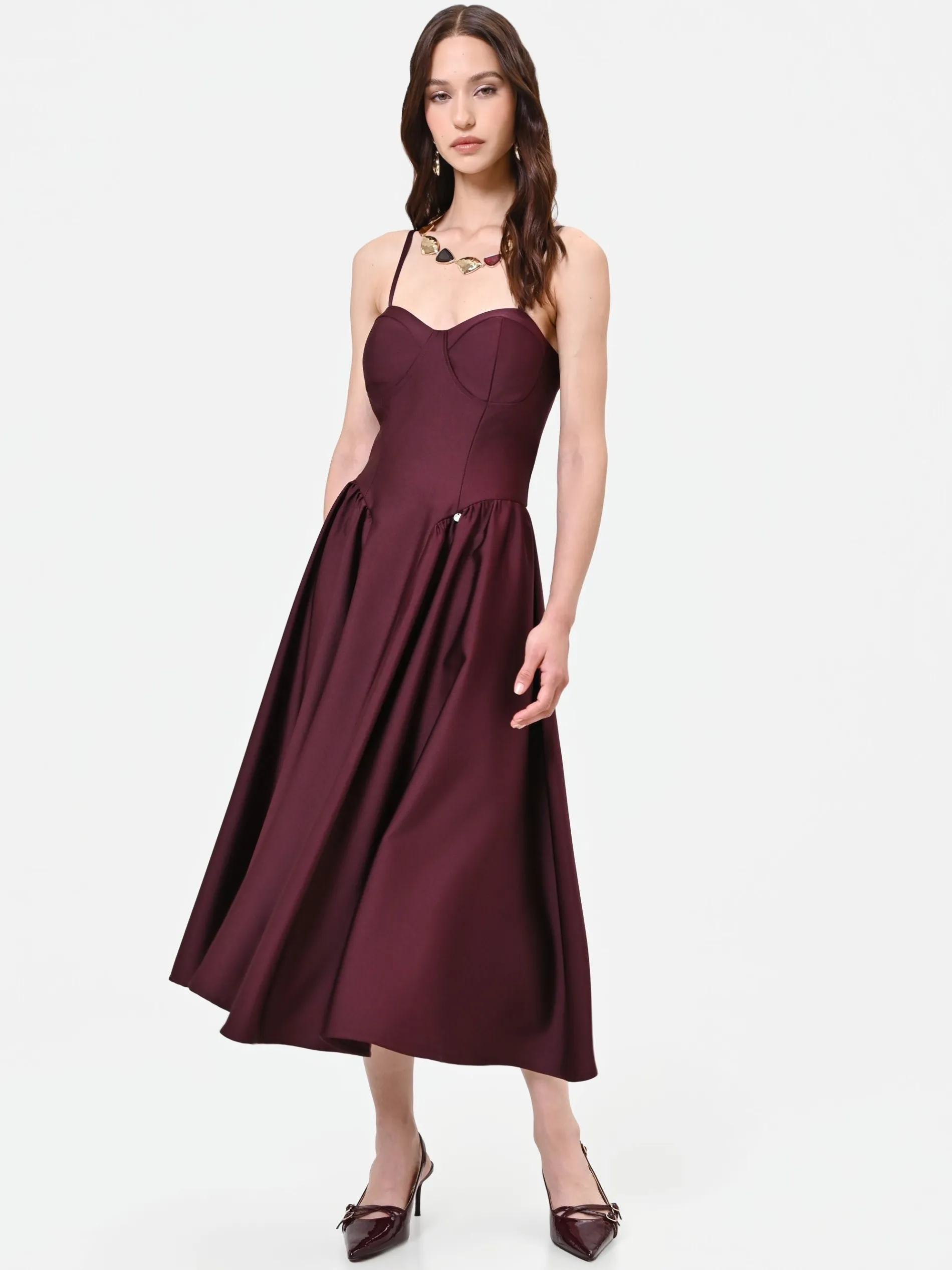 ABITO MIDI BORDEAUX IN RASO CON DETTAGLIO BUSTIER