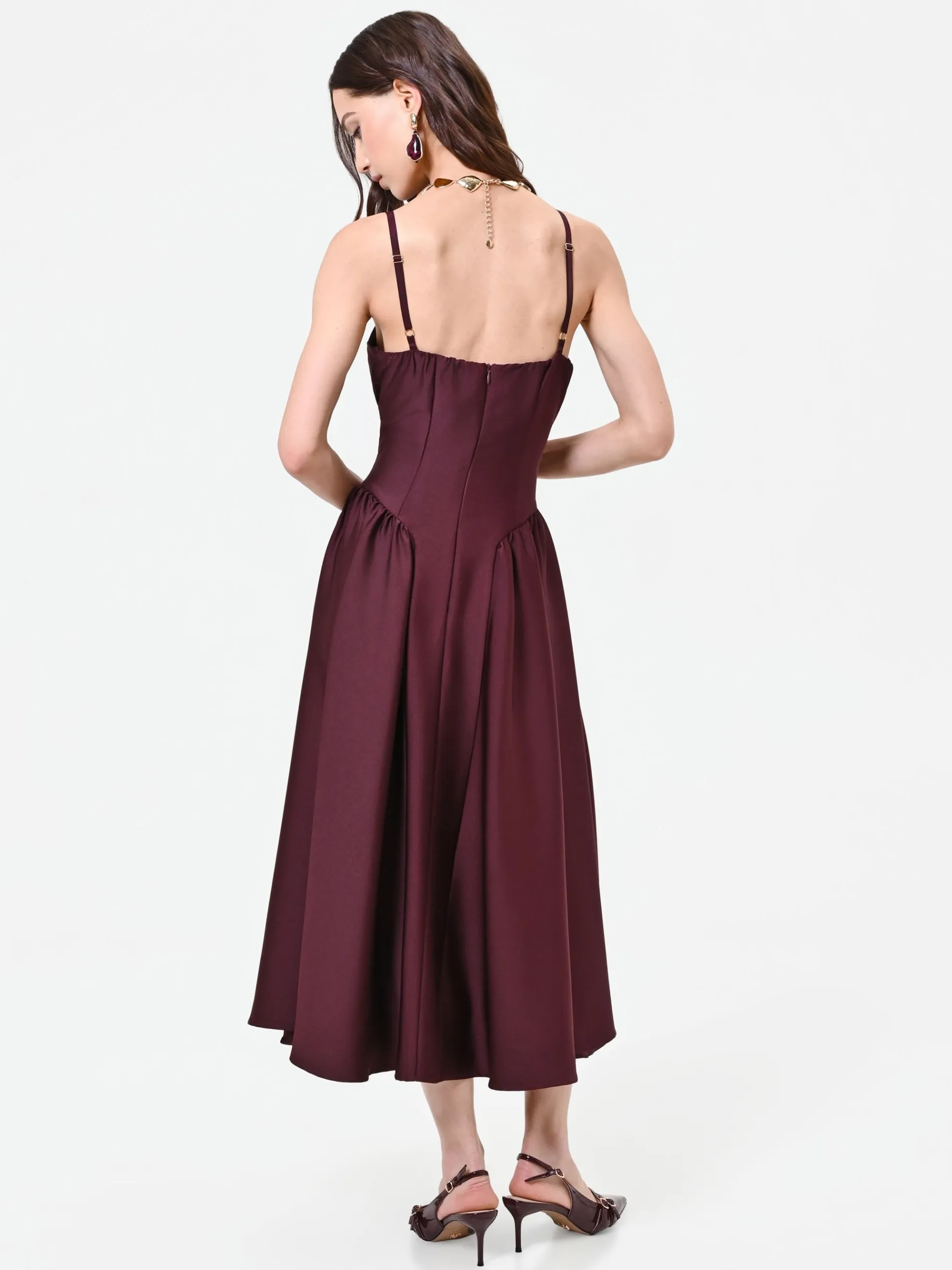 ABITO MIDI BORDEAUX IN RASO CON DETTAGLIO BUSTIER