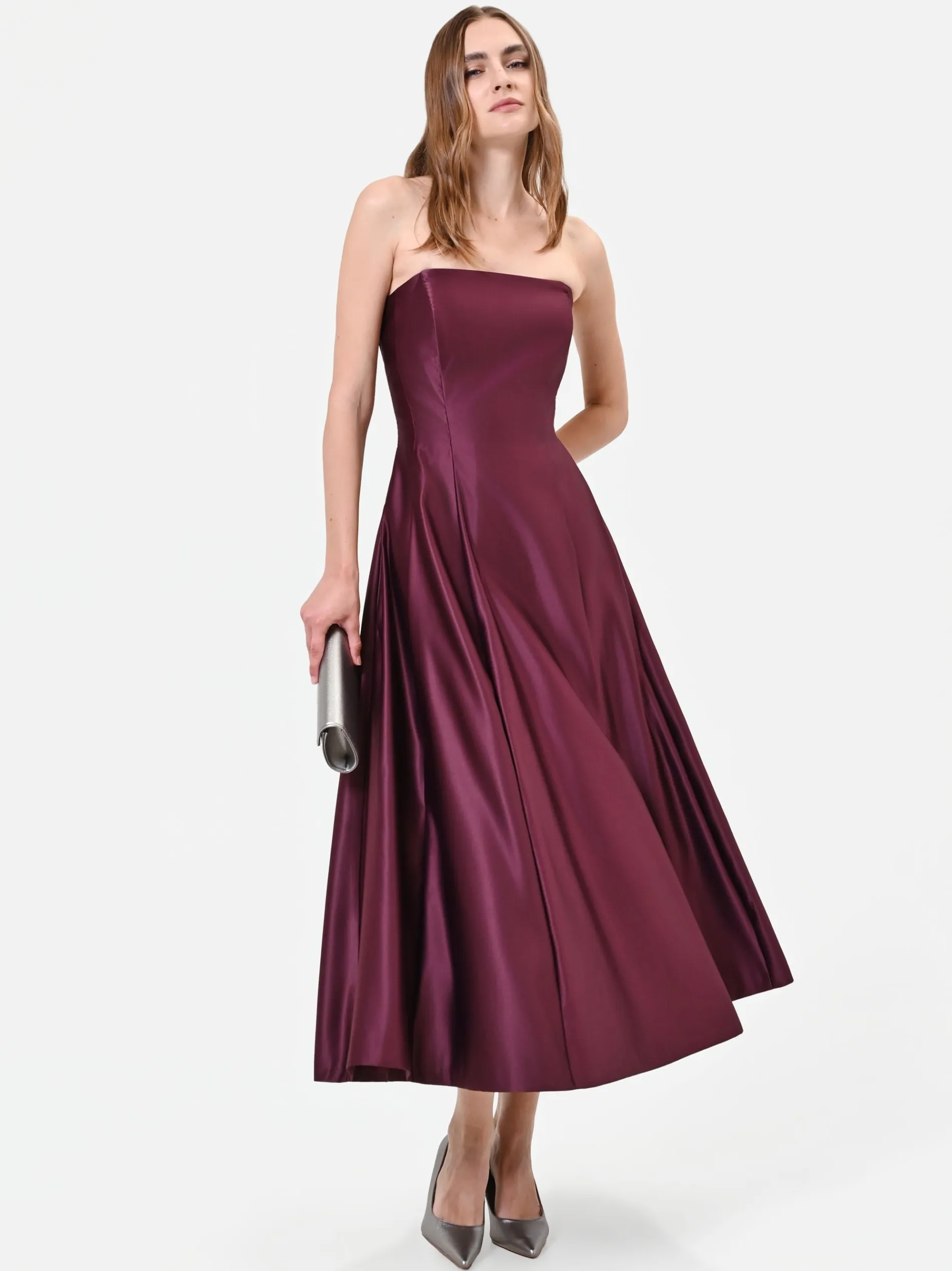 ABITO MIDI BORDEAUX IN RASO CON GONNA AMPIA