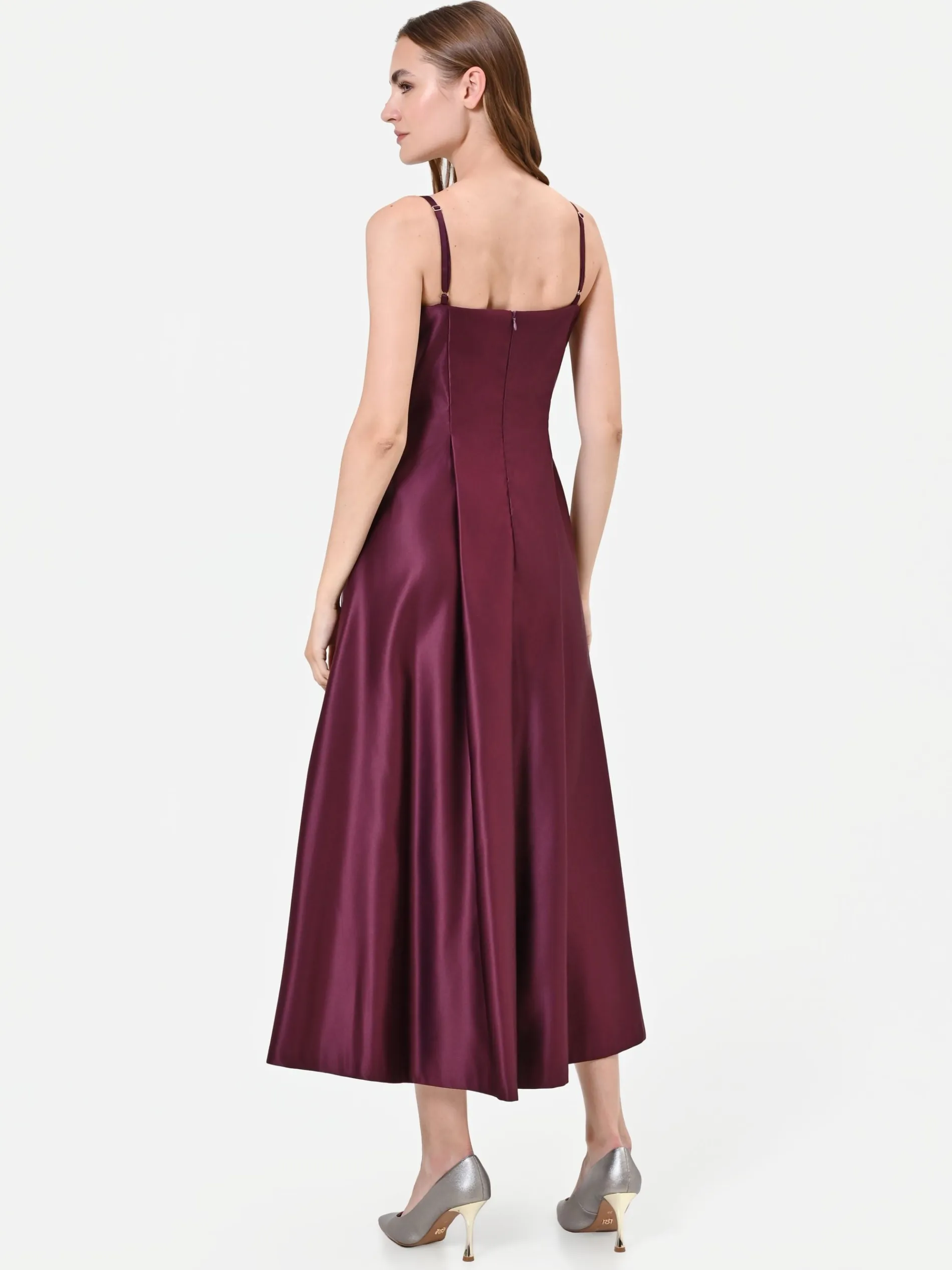 ABITO MIDI BORDEAUX IN RASO CON GONNA AMPIA