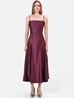 ABITO MIDI BORDEAUX IN RASO CON GONNA AMPIA