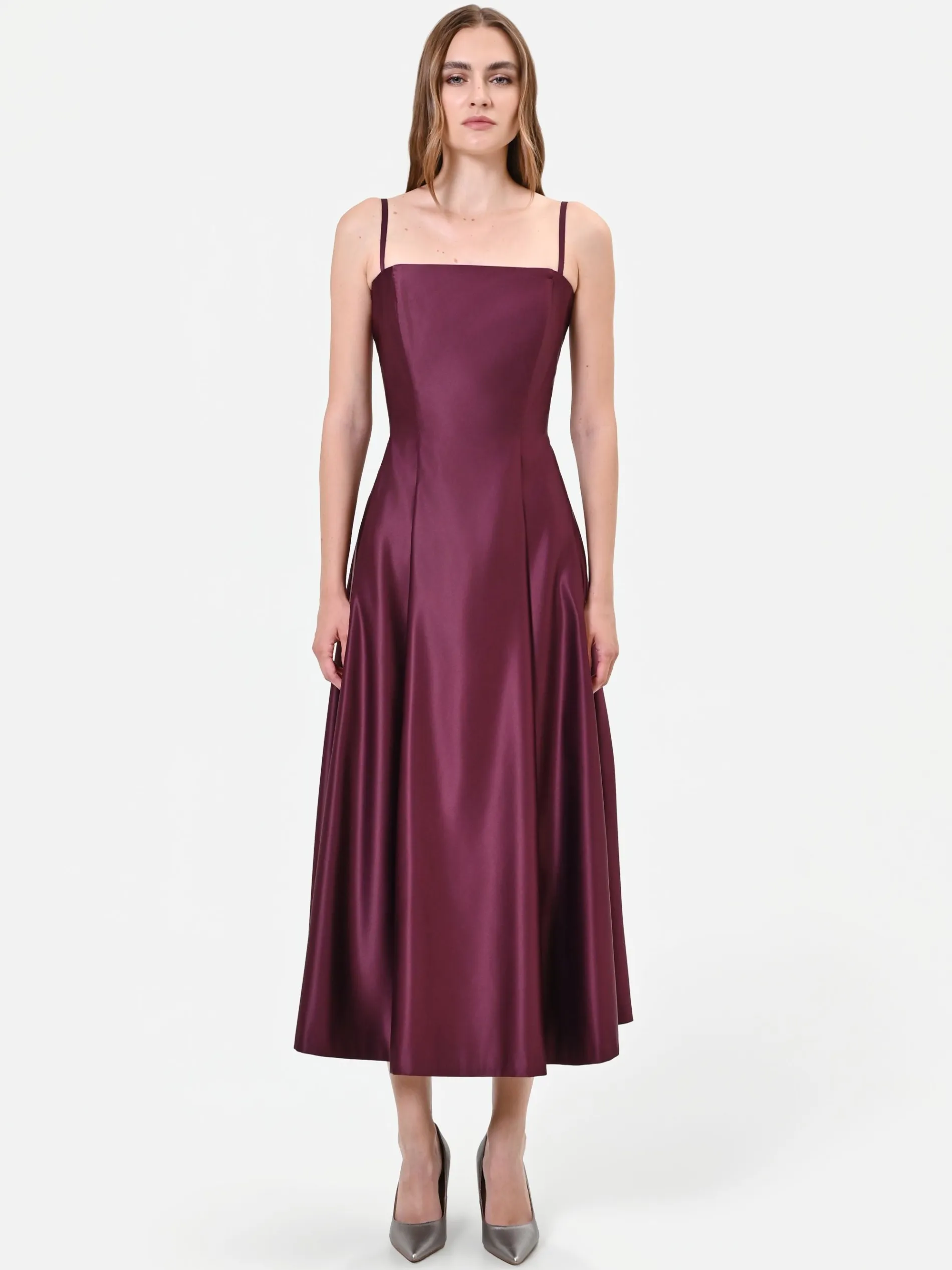 ABITO MIDI BORDEAUX IN RASO CON GONNA AMPIA