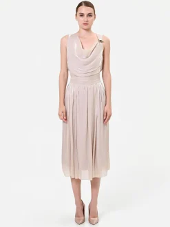 ABITO MIDI TORTORA BEIGE CON SCOLLO DRAPPEGGIATO