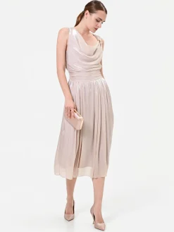 ABITO MIDI TORTORA BEIGE CON SCOLLO DRAPPEGGIATO