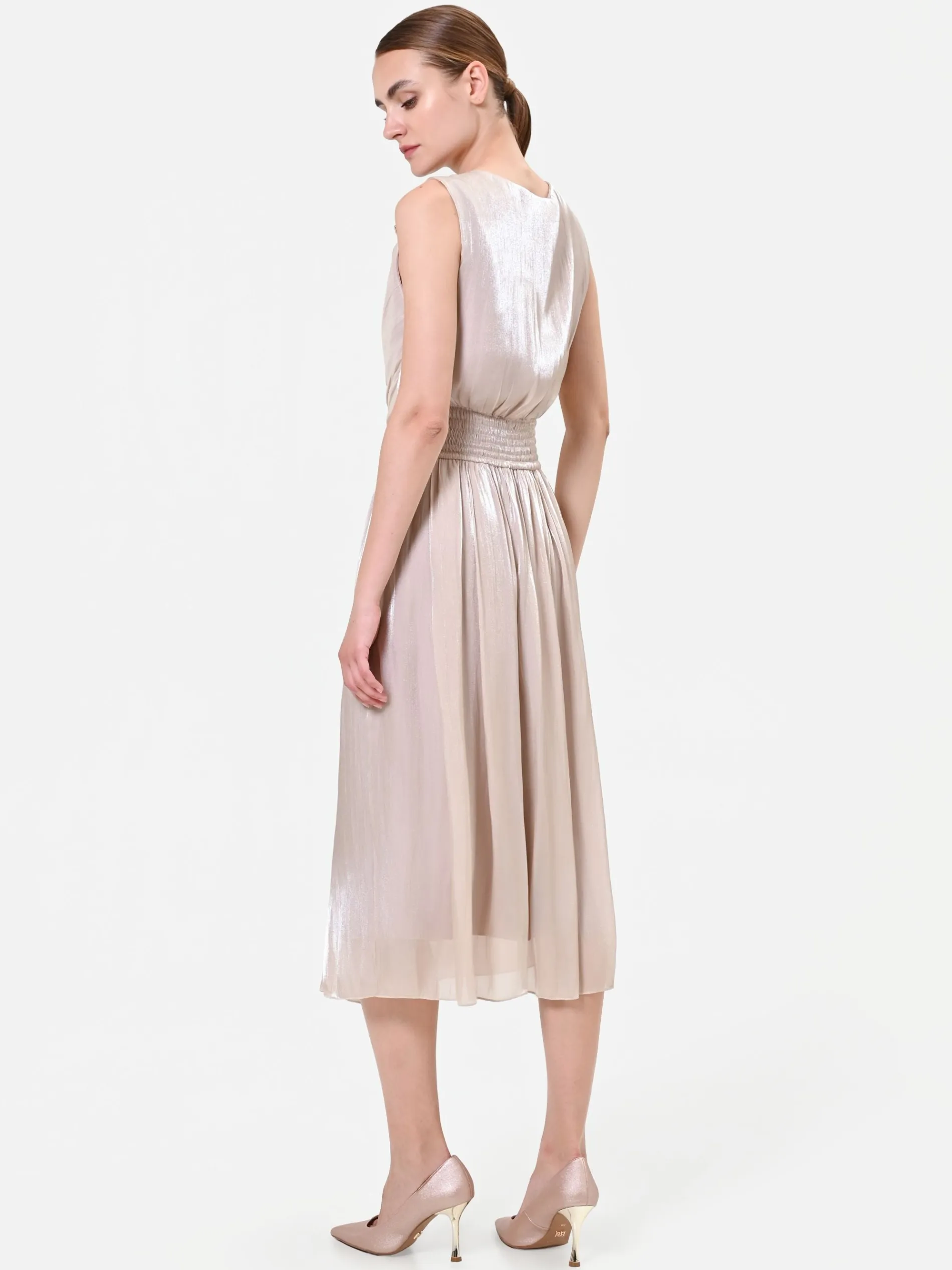 ABITO MIDI TORTORA BEIGE CON SCOLLO DRAPPEGGIATO