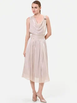 ABITO MIDI TORTORA BEIGE CON SCOLLO DRAPPEGGIATO