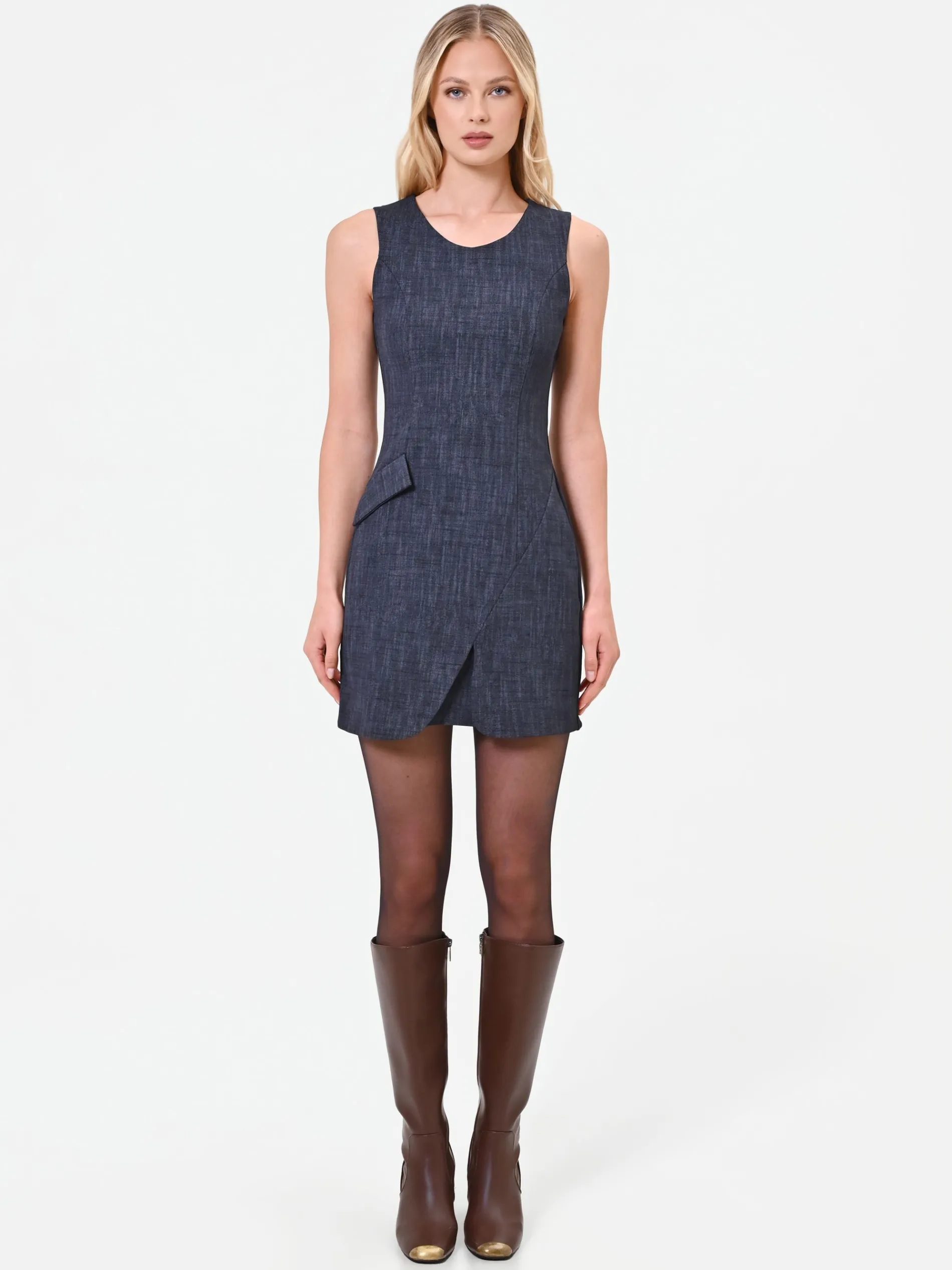 ABITO SMANICATO BLU NAVY CON GONNA A PORTAFOGLIO