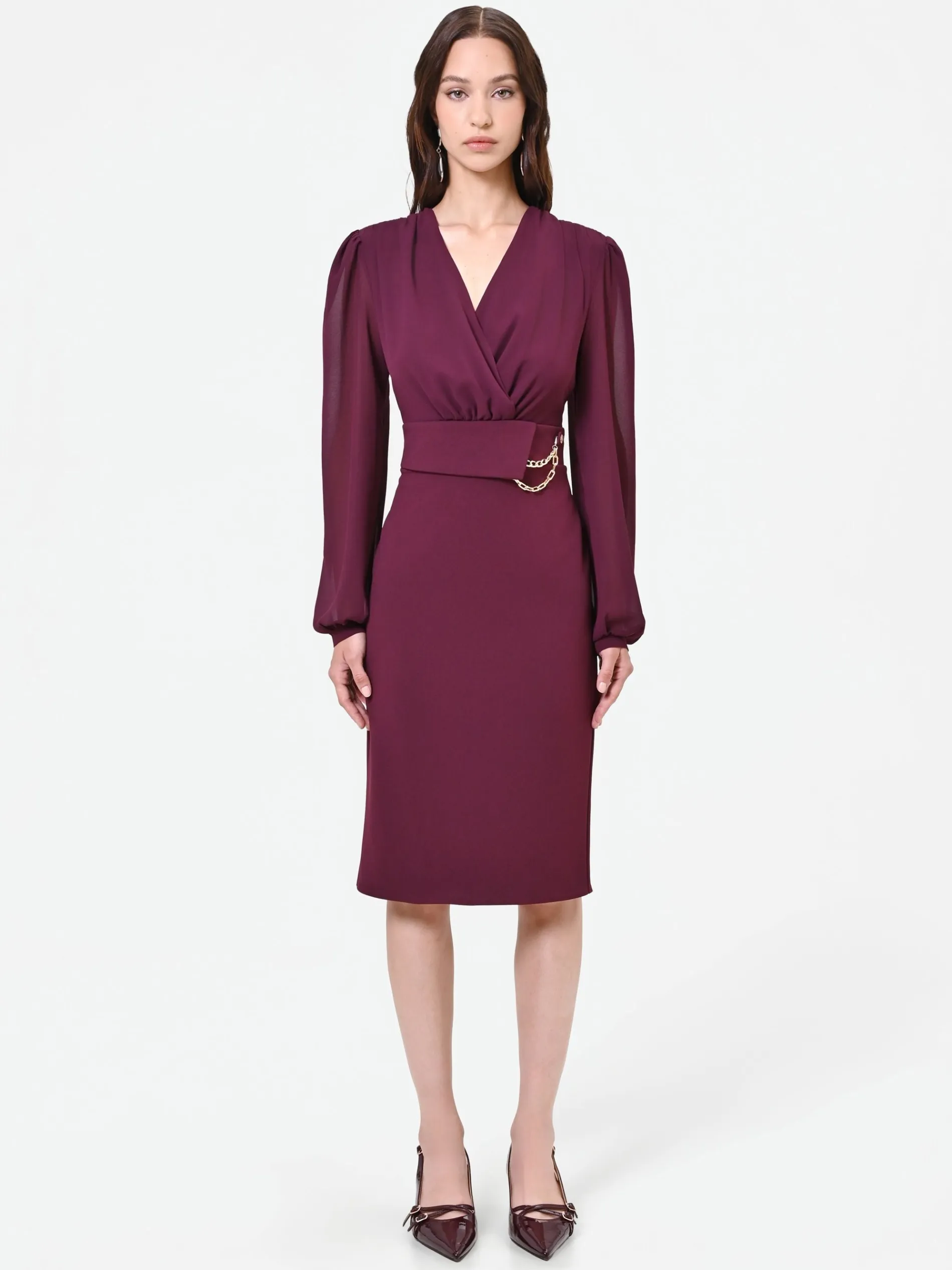 ABITO TUBINO BORDEAUX CON MANICHE IN GEORGETTE