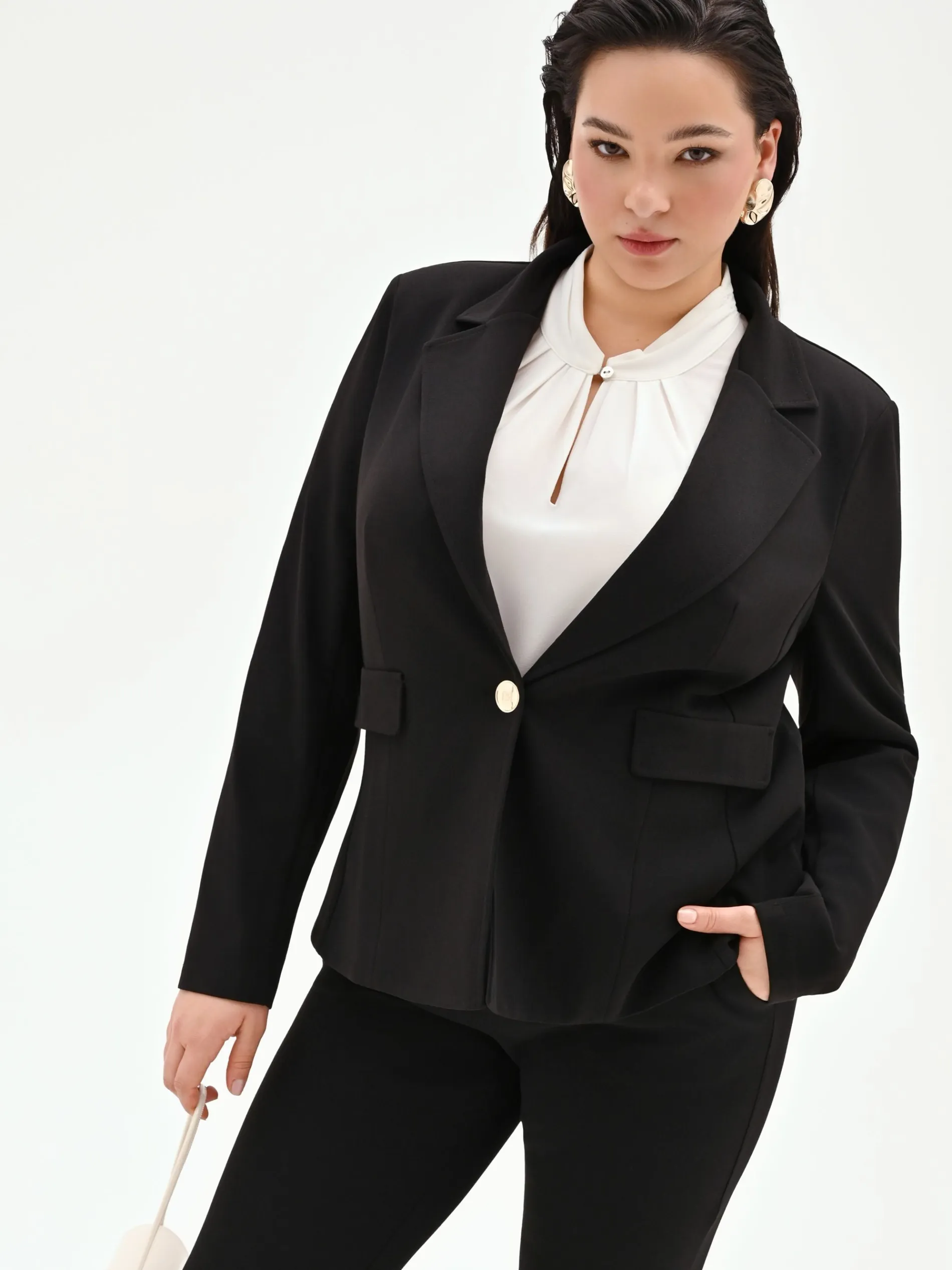 BLAZER NERO MONOPETTO CURVY IN SCUBA MANO CREPE