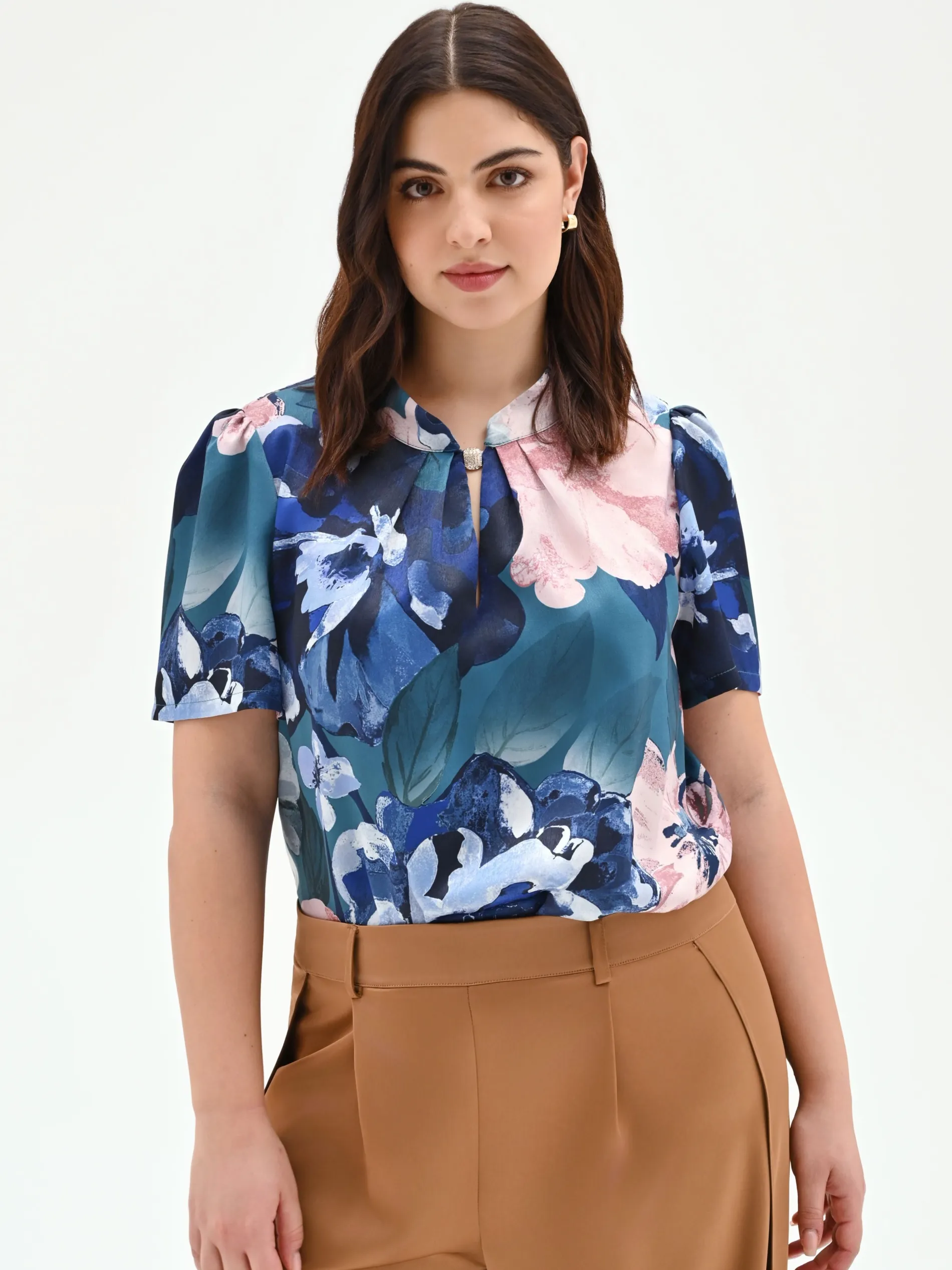 BLUSA BLU OTTANIO CURVY CON STAMPA FLOREALE