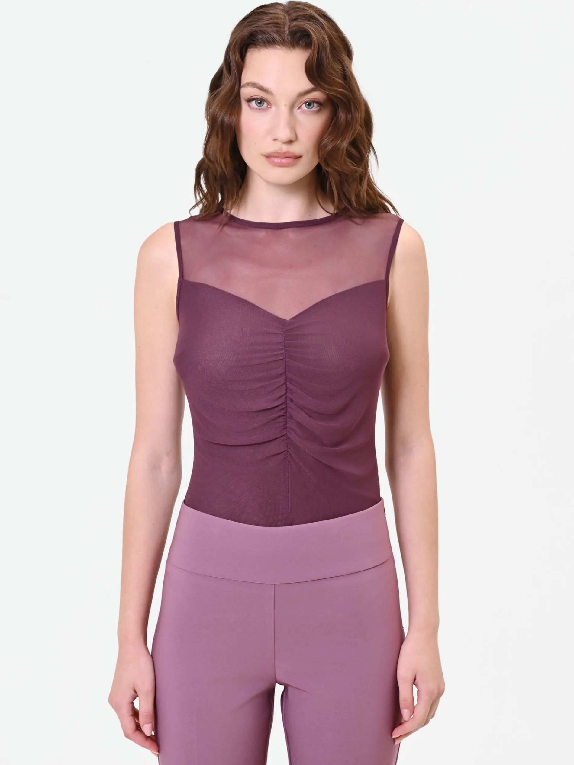 BLUSA BORDEAUX CON CARRÉ IN TULLE