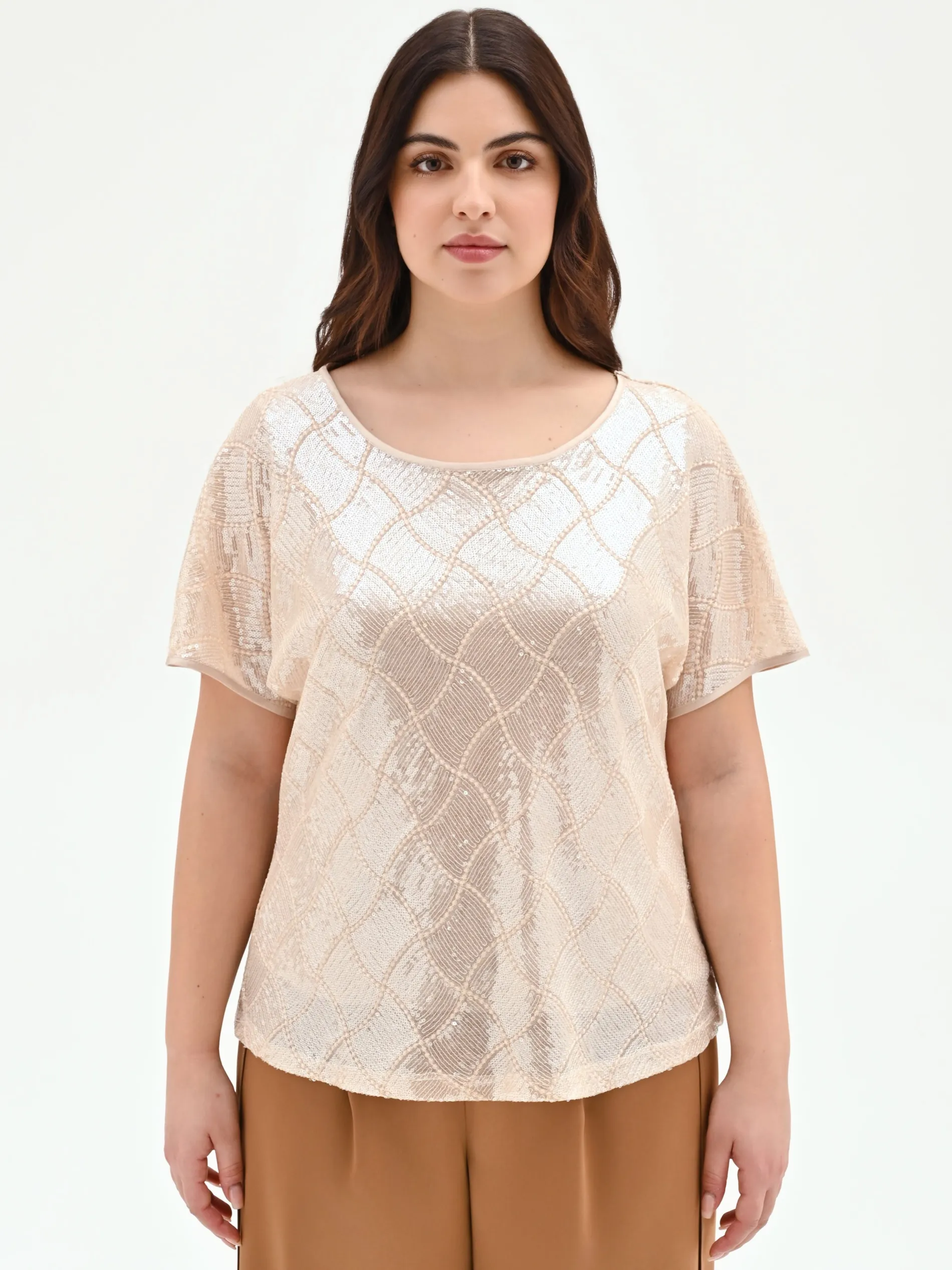 BLUSA CURVY BEIGE CHIARO CON PAILLETTES ALL OVER