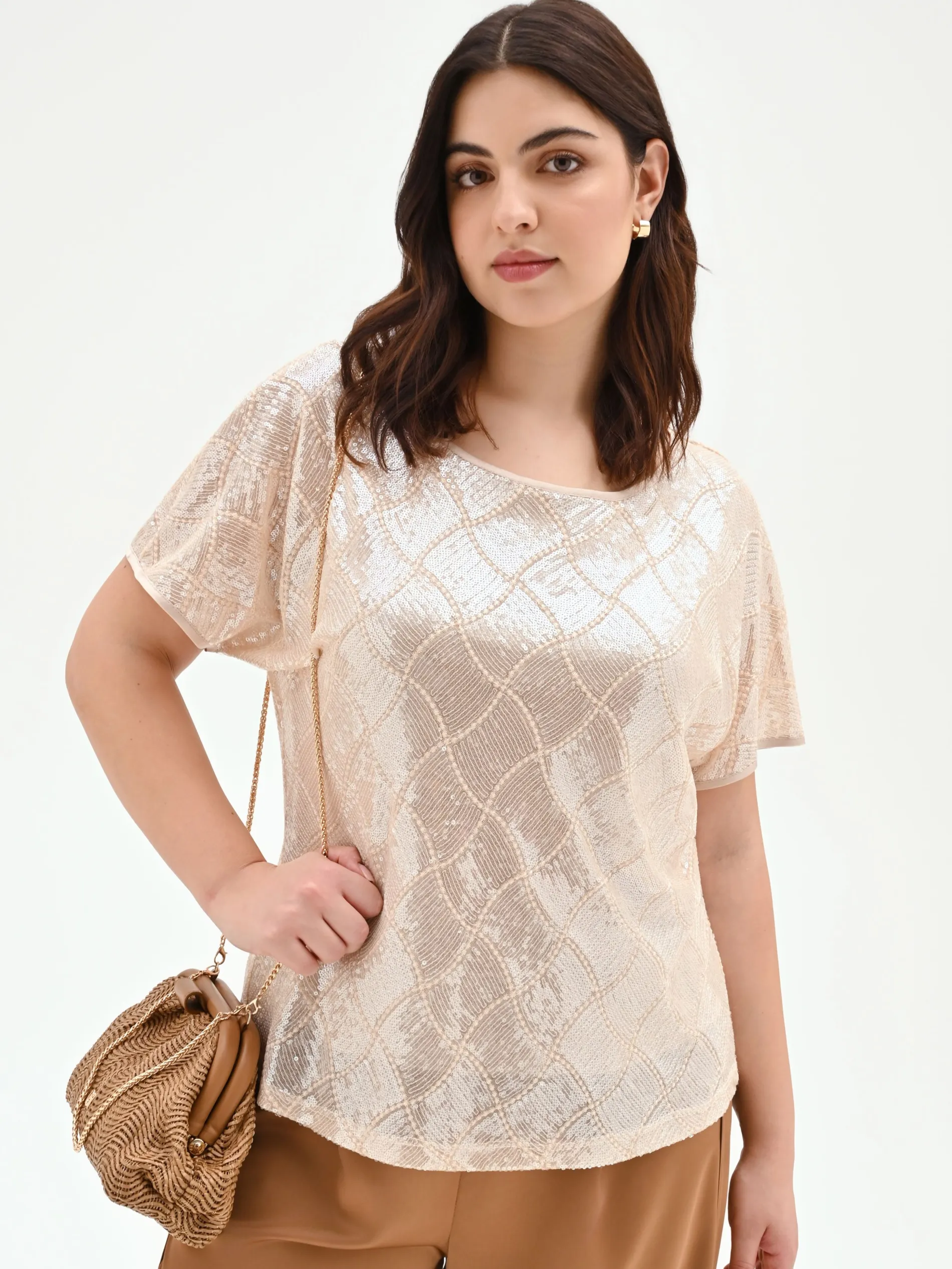 BLUSA CURVY BEIGE CHIARO CON PAILLETTES ALL OVER