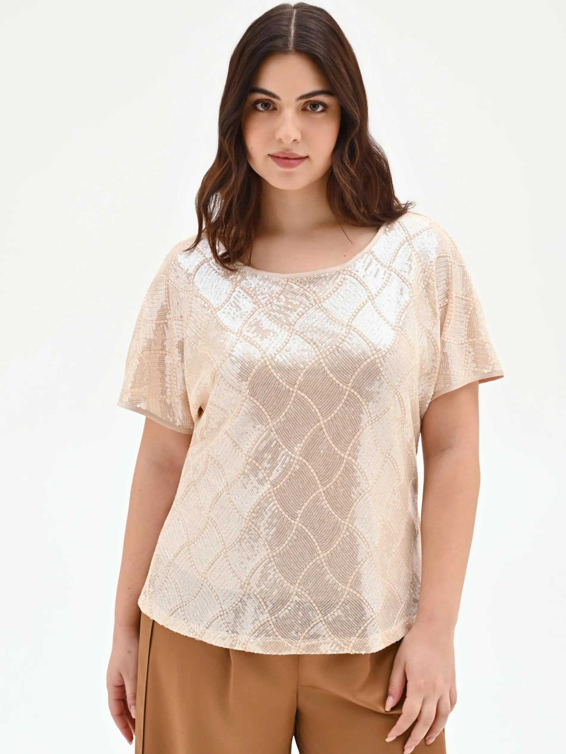BLUSA CURVY BEIGE CHIARO CON PAILLETTES ALL OVER