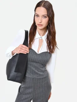 BLUSA GRIGIA CON BUSTIER GESSATO E PAILLETTES