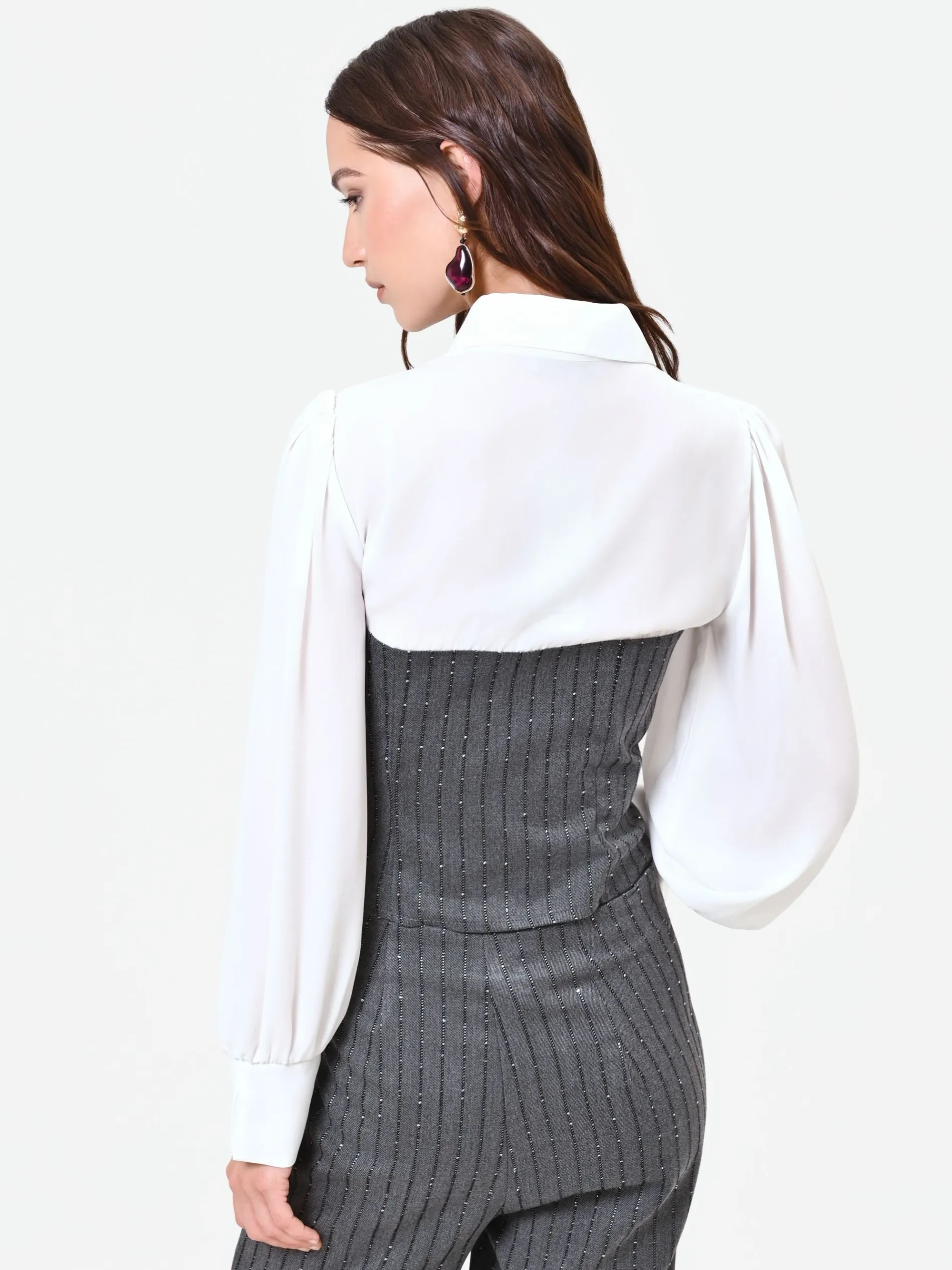 BLUSA GRIGIA CON BUSTIER GESSATO E PAILLETTES