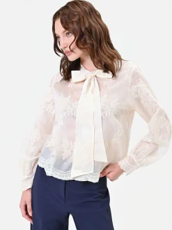 BLUSA IN PIZZO PANNA CON FIOCCO AL COLLO