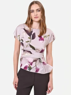 BLUSA IN RASO TORTORA BEIGE CON STAMPA FLOREALE