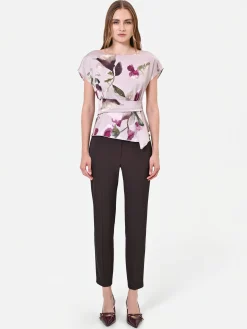 BLUSA IN RASO TORTORA BEIGE CON STAMPA FLOREALE