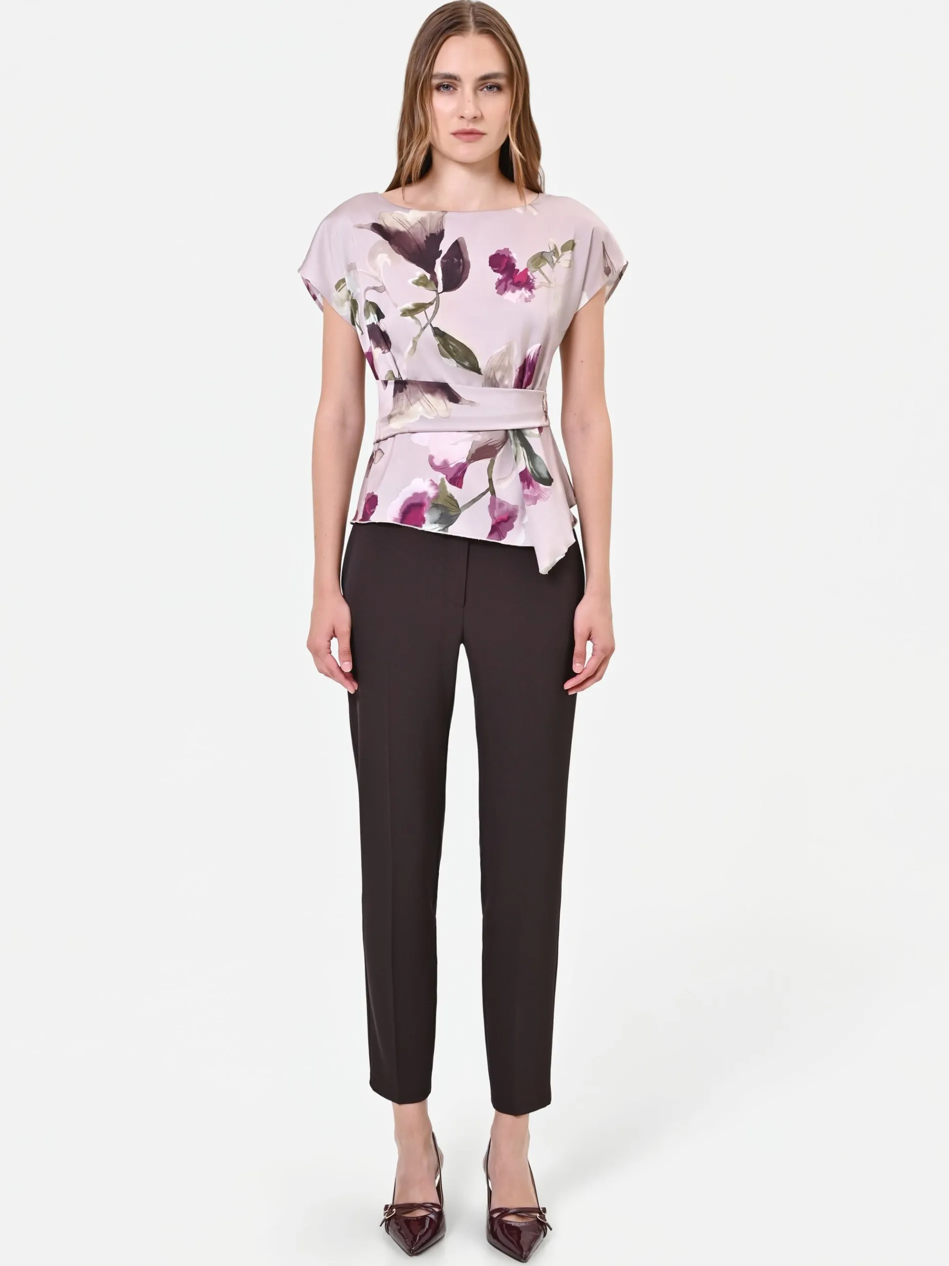 BLUSA IN RASO TORTORA BEIGE CON STAMPA FLOREALE