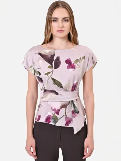 BLUSA IN RASO TORTORA BEIGE CON STAMPA FLOREALE