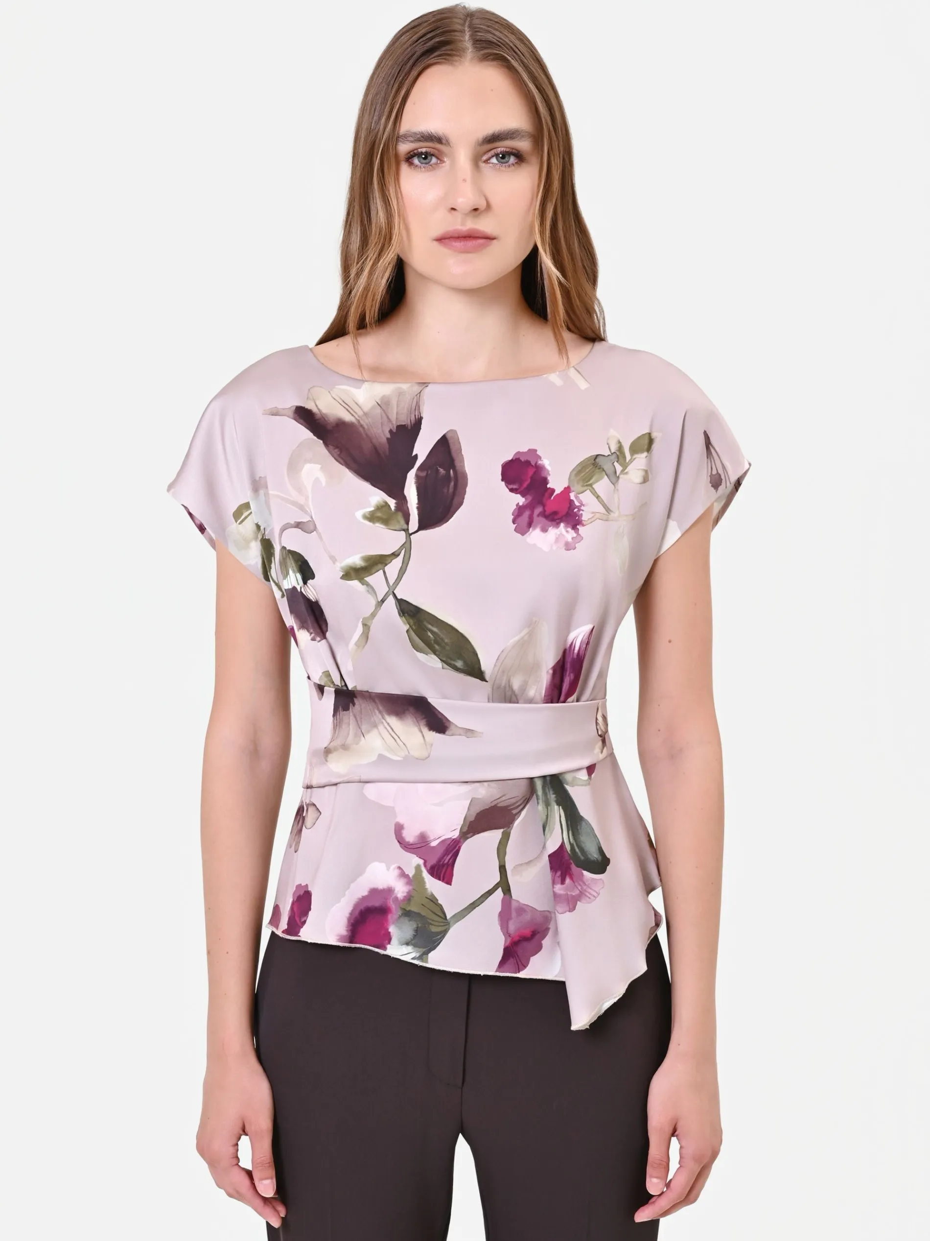 BLUSA IN RASO TORTORA BEIGE CON STAMPA FLOREALE