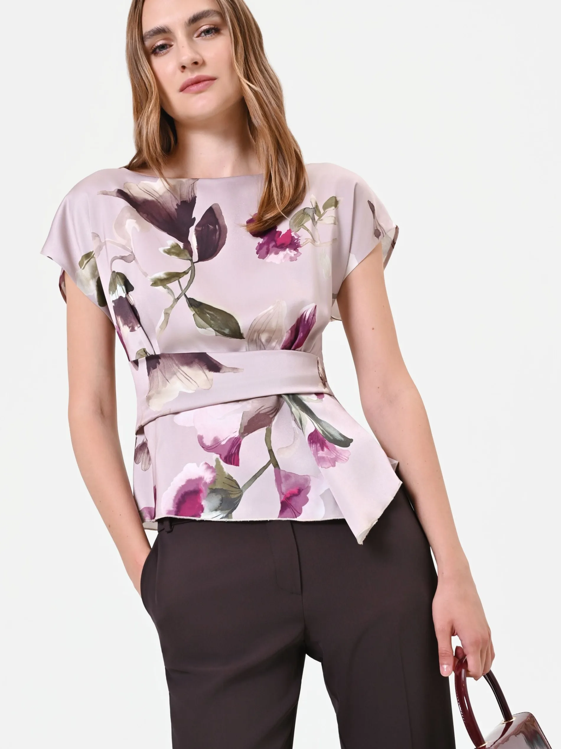 BLUSA IN RASO TORTORA BEIGE CON STAMPA FLOREALE