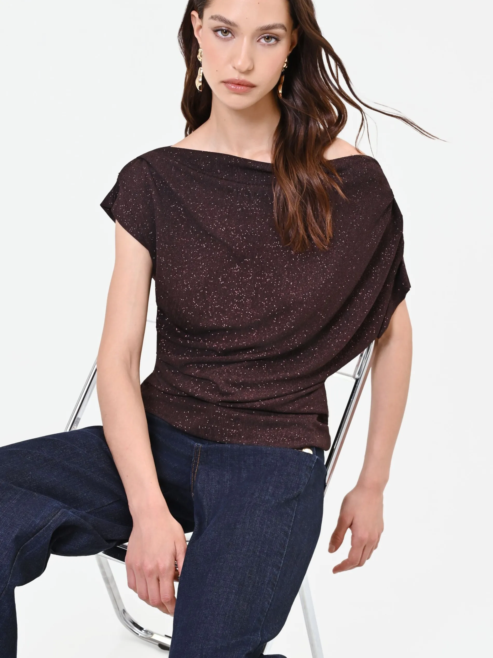 BLUSA MARRONE CON DRAPPEGGIO ASIMMETRICO