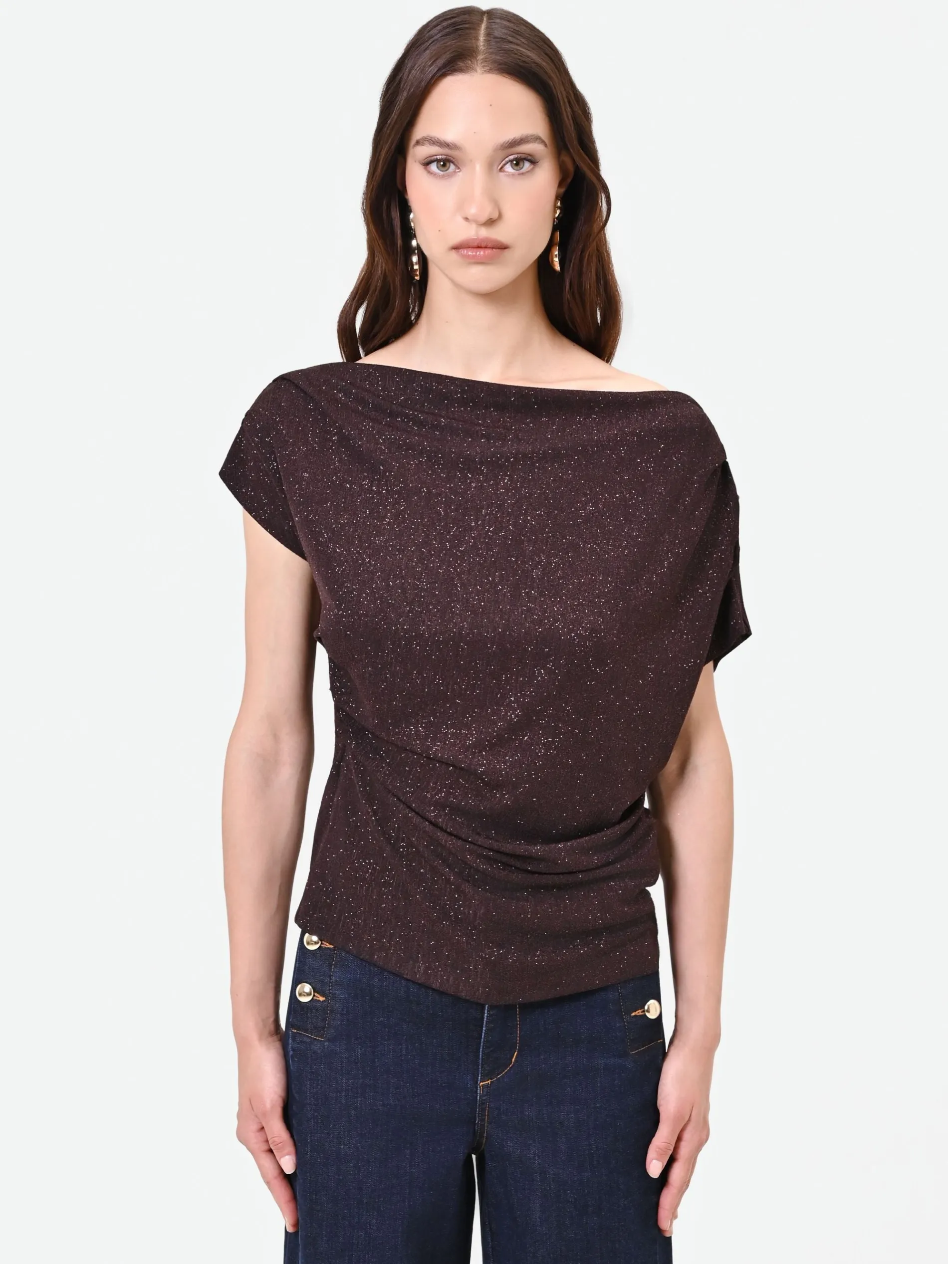 BLUSA MARRONE CON DRAPPEGGIO ASIMMETRICO