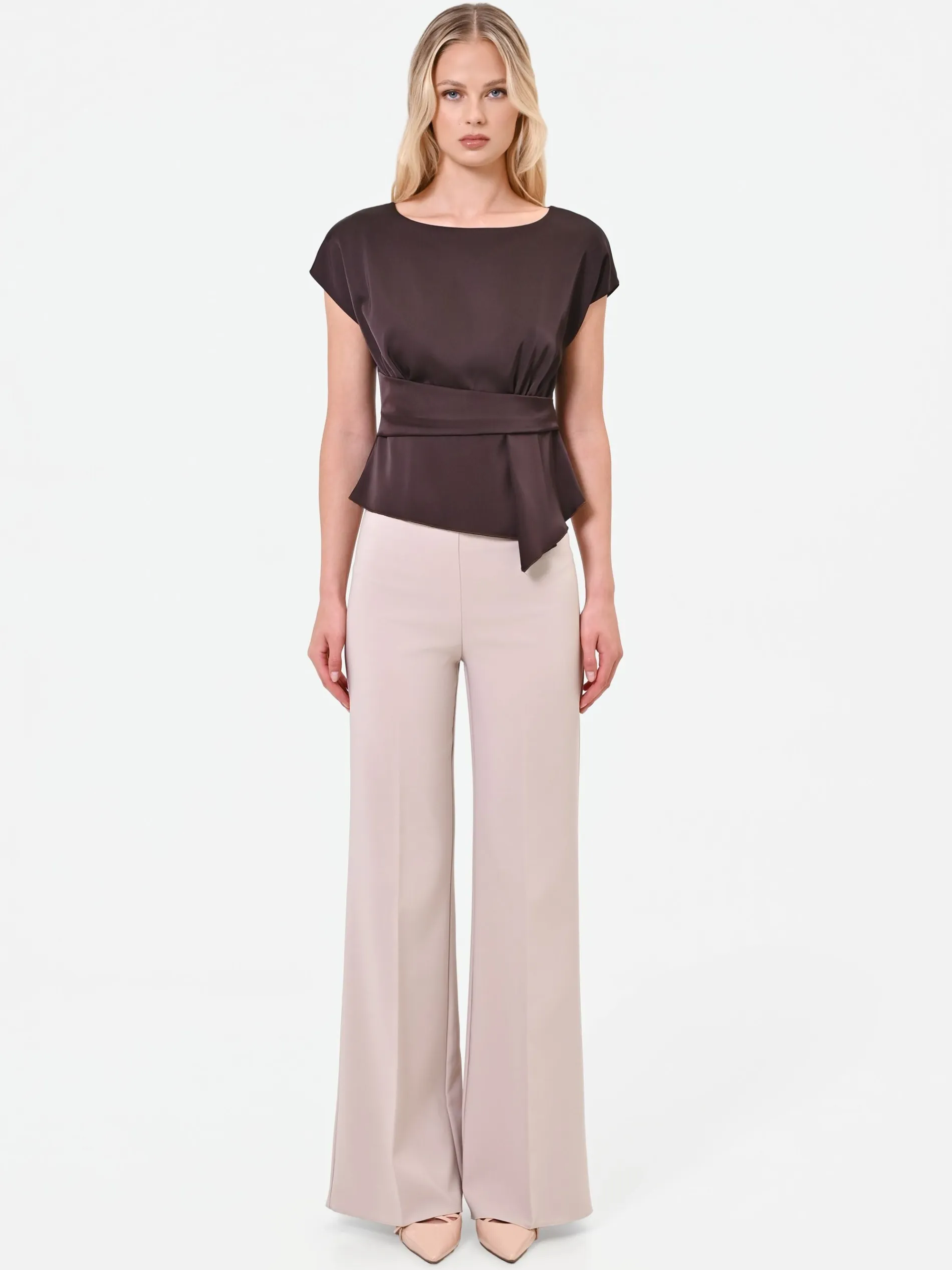 BLUSA MORO MARRONE IN RASO CON DETTAGLIO INCROCIATO