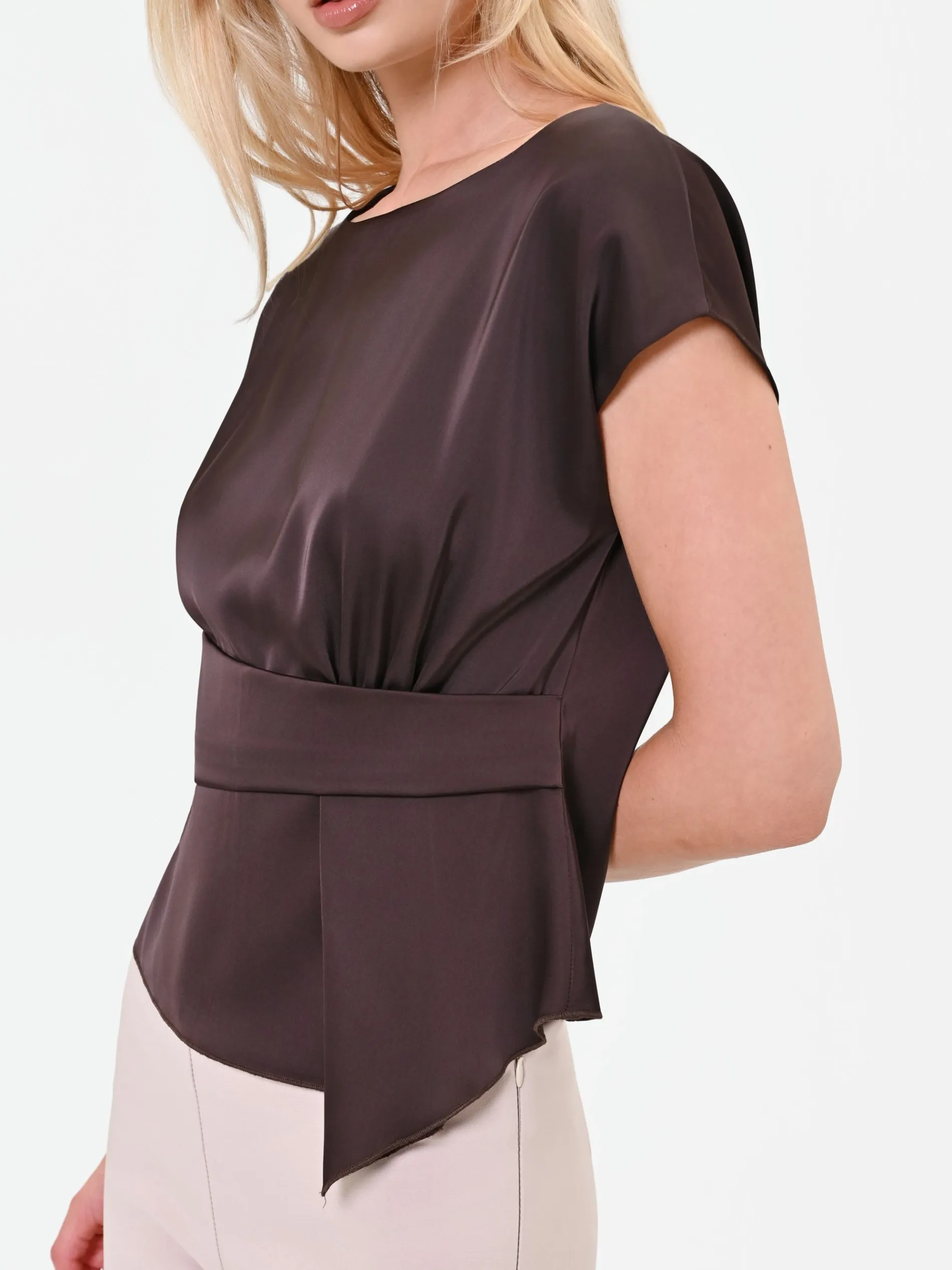BLUSA MORO MARRONE IN RASO CON DETTAGLIO INCROCIATO