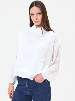 BLUSA PANNA A MANICHE LUNGHE CON PLISSETTATURA