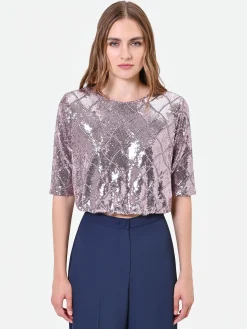 BLUSA ROSA ANTICO IN PAILLETTES CON DISEGNO A ROMBI