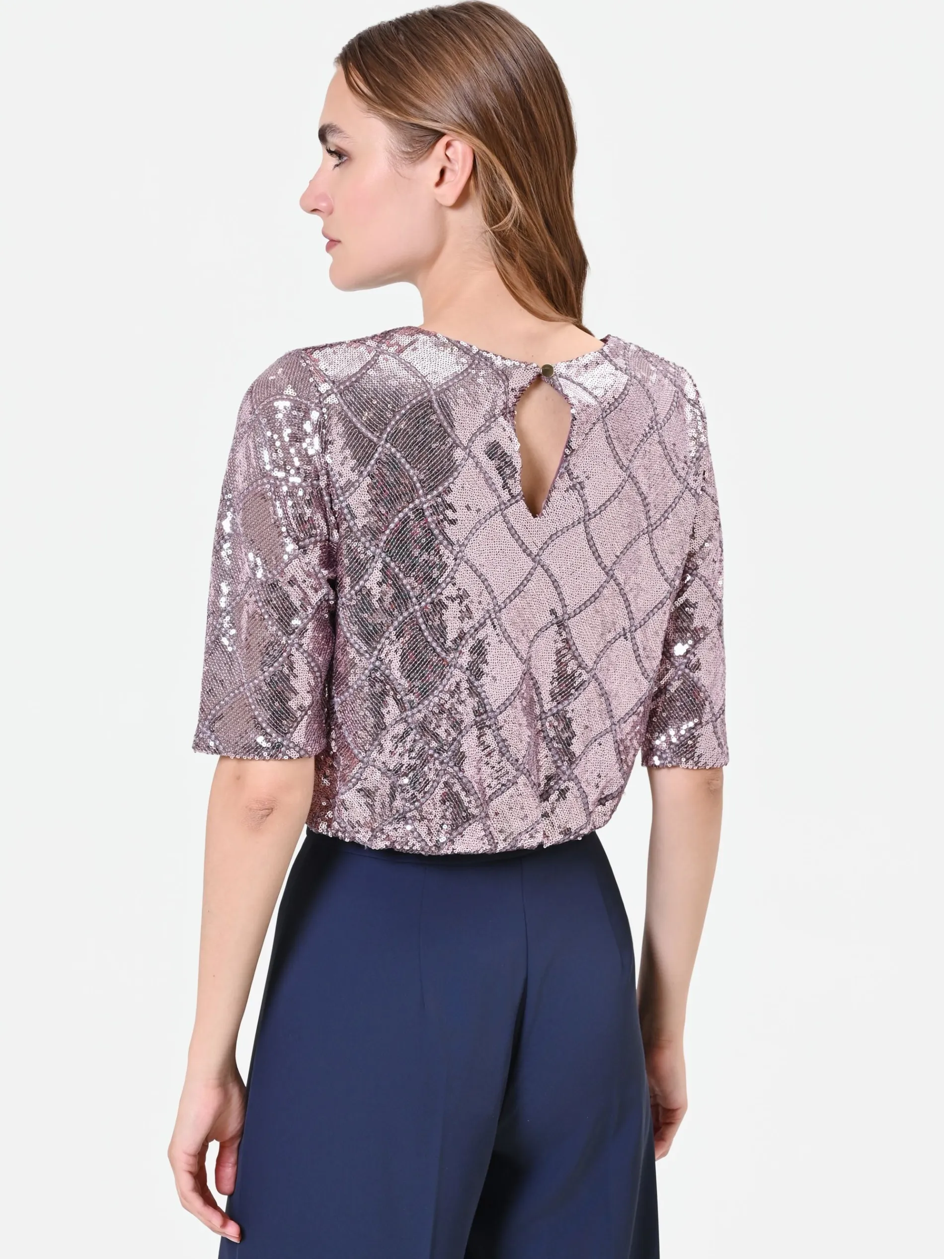 BLUSA ROSA ANTICO IN PAILLETTES CON DISEGNO A ROMBI