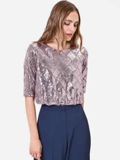 BLUSA ROSA ANTICO IN PAILLETTES CON DISEGNO A ROMBI