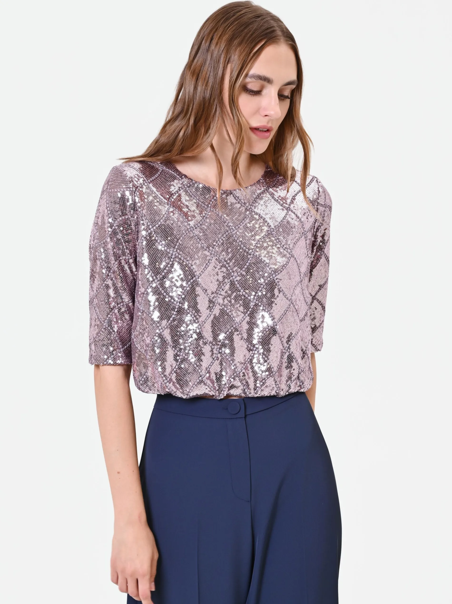 BLUSA ROSA ANTICO IN PAILLETTES CON DISEGNO A ROMBI
