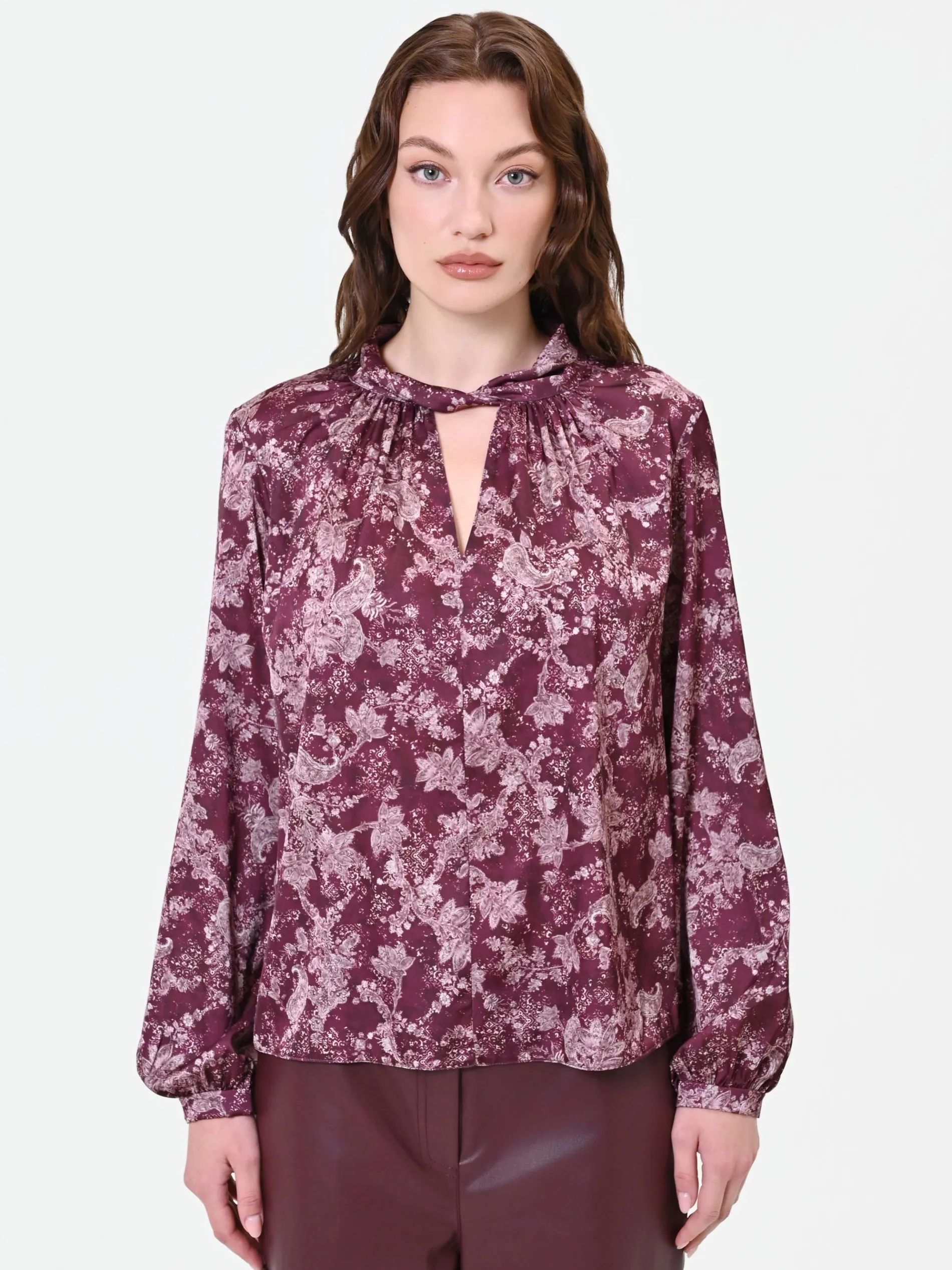 BLUSA ROSSO BORDEAUX CON FANTASIA E COLLO A TORCHON