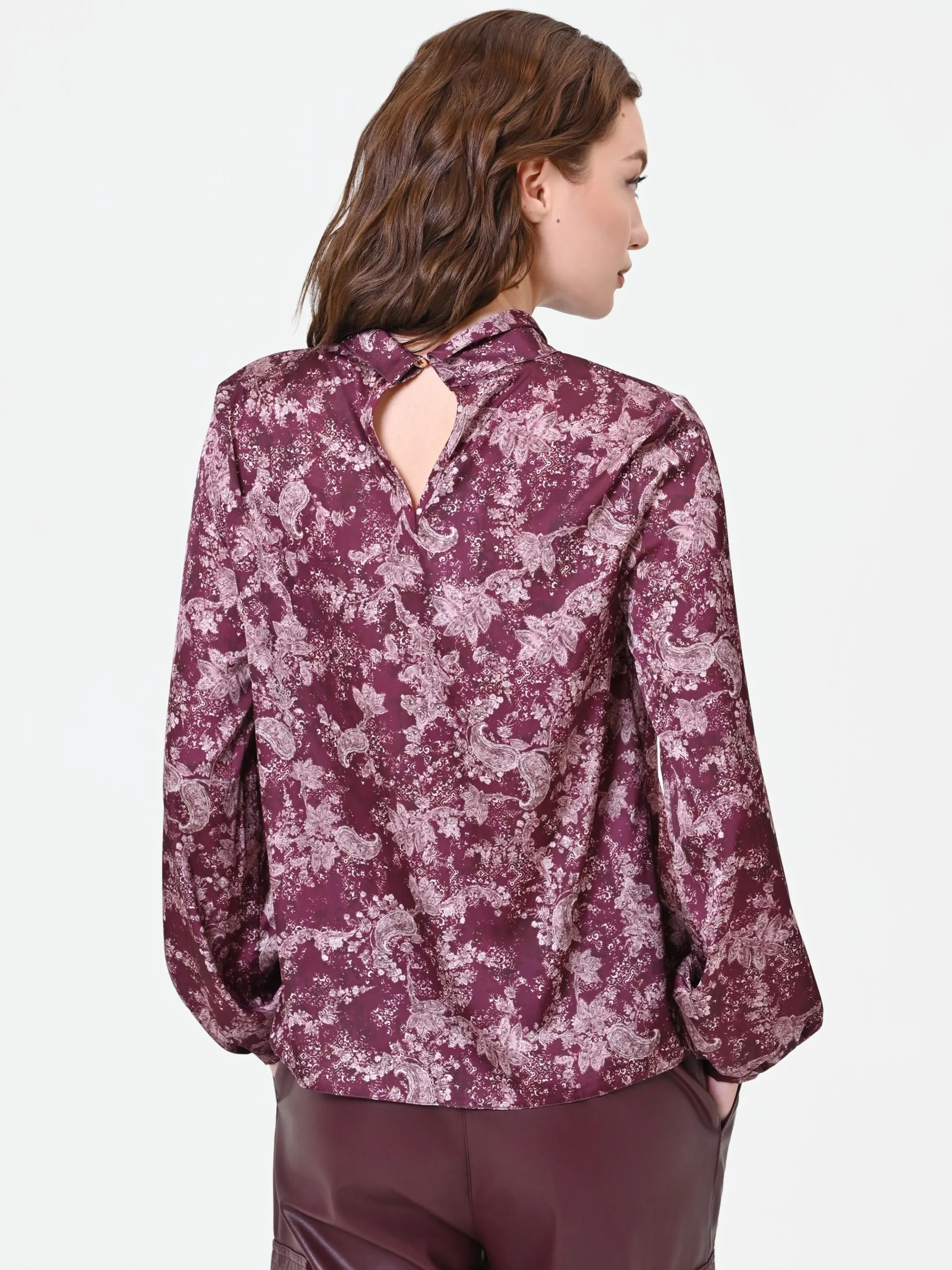 BLUSA ROSSO BORDEAUX CON FANTASIA E COLLO A TORCHON